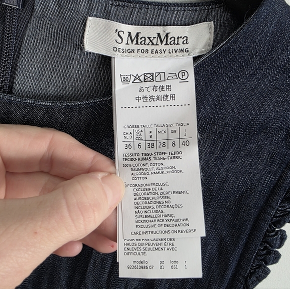 S Max Mara Denim Sleeveless Shift Dress Size US 6 Cotton Ruffle Hem Pockets - Picture 10 of 13